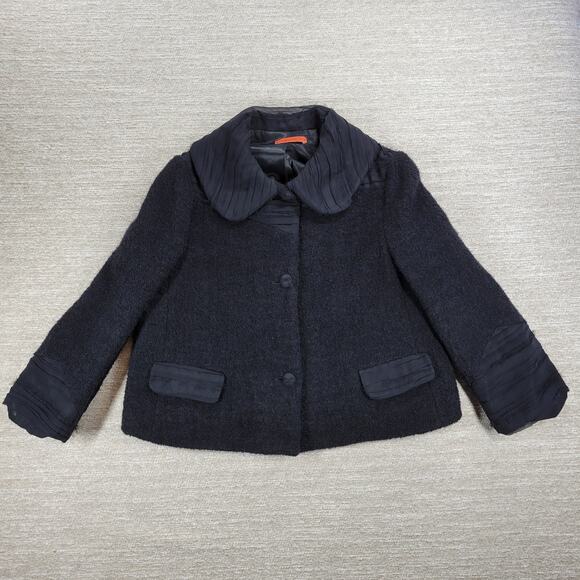 Alice + Olivia Boucle Wool Jacket Womens M Black Silk Crepe Trim Cropped Buttons - Picture 12 of 16